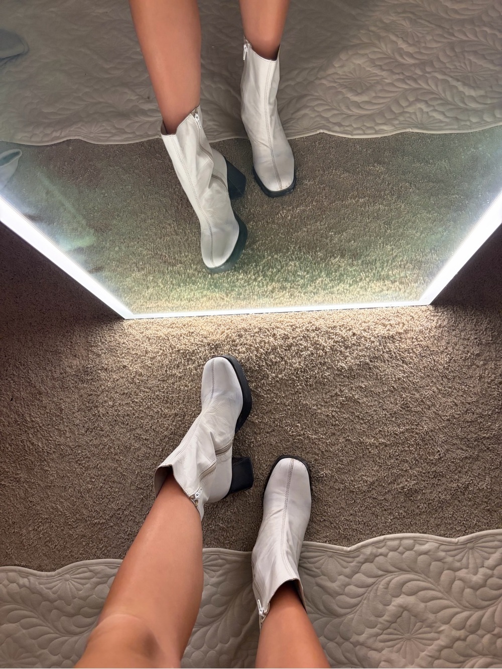 Urban Outfitters White Leather Ankle Booties with Black Block Heel